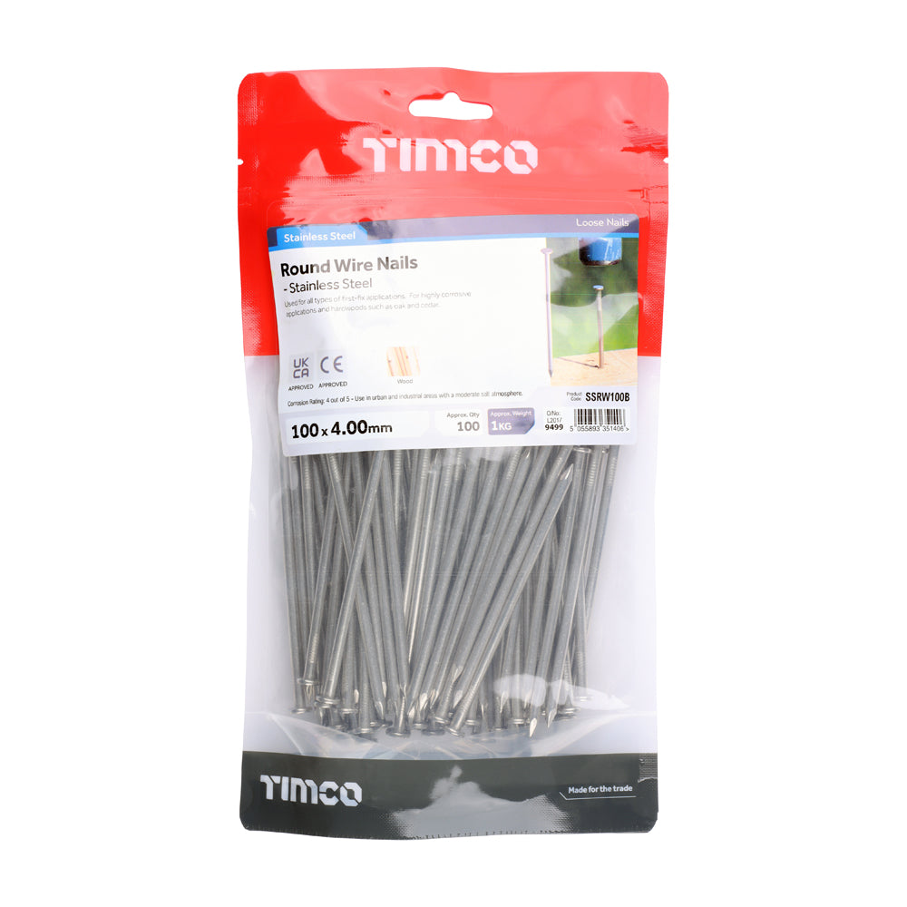 This is an image of Timco - Round Wire Nails - Stainless Steel 100 x 4.00mm (1 Kg TIMbag) SSRW100B