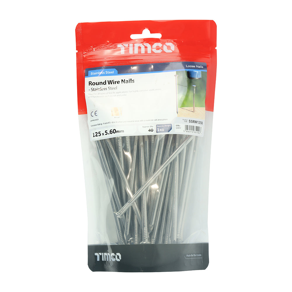 This is an image of Timco - Round Wire Nails - Stainless Steel 125 x 5.60mm (1 Kg TIMbag) SSRW125B