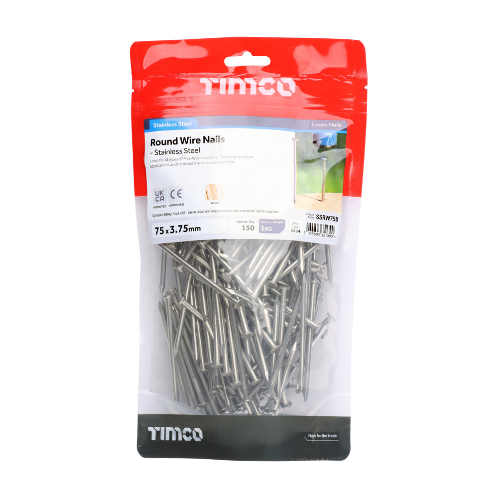 This is an image of Timco - Round Wire Nails - Stainless Steel 75 x 3.75mm (1 Kg TIMbag) SSRW75B