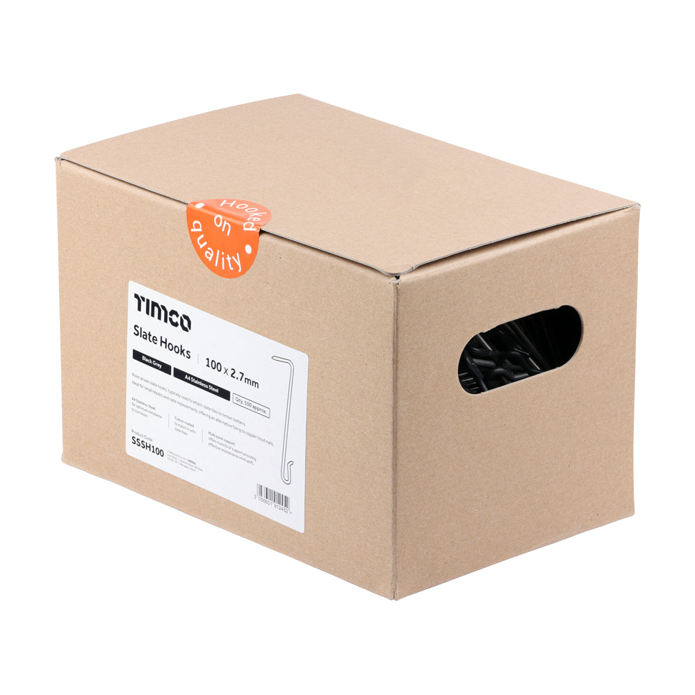 This is an image of Timco - Slate Hooks - Black Grey - A4 Stainless Steel 100 x 2.7 (500 Pieces Box) SSSH100