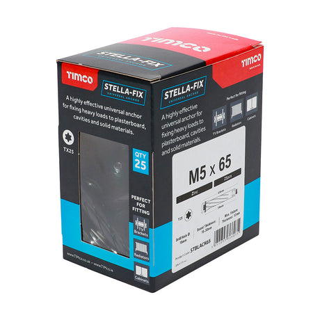 This is an image of Timco - Stella Fix Universal Anchors - TX - Pan - Black M5 x 65mm - (25 PCS Box) STBLACK65