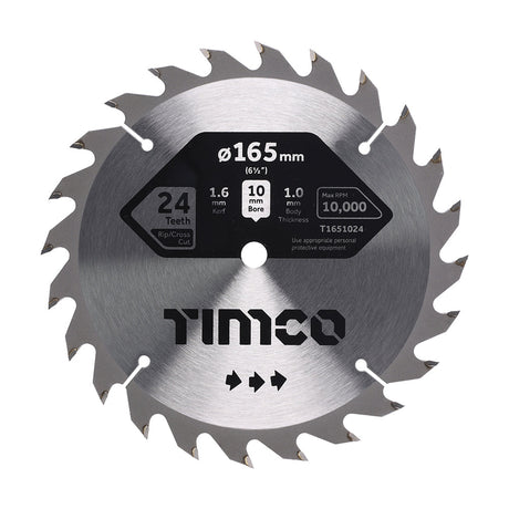 This is an image of Timco - Handheld Cordless Circular Saw Blade 165 x 10 x 24T (1 Each Clamshell) T1651024