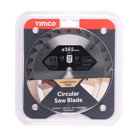 This is an image of Timco - Handheld Cordless Circular Saw Blade 165 x 10 x 24T (1 Each Clamshell) T1651024