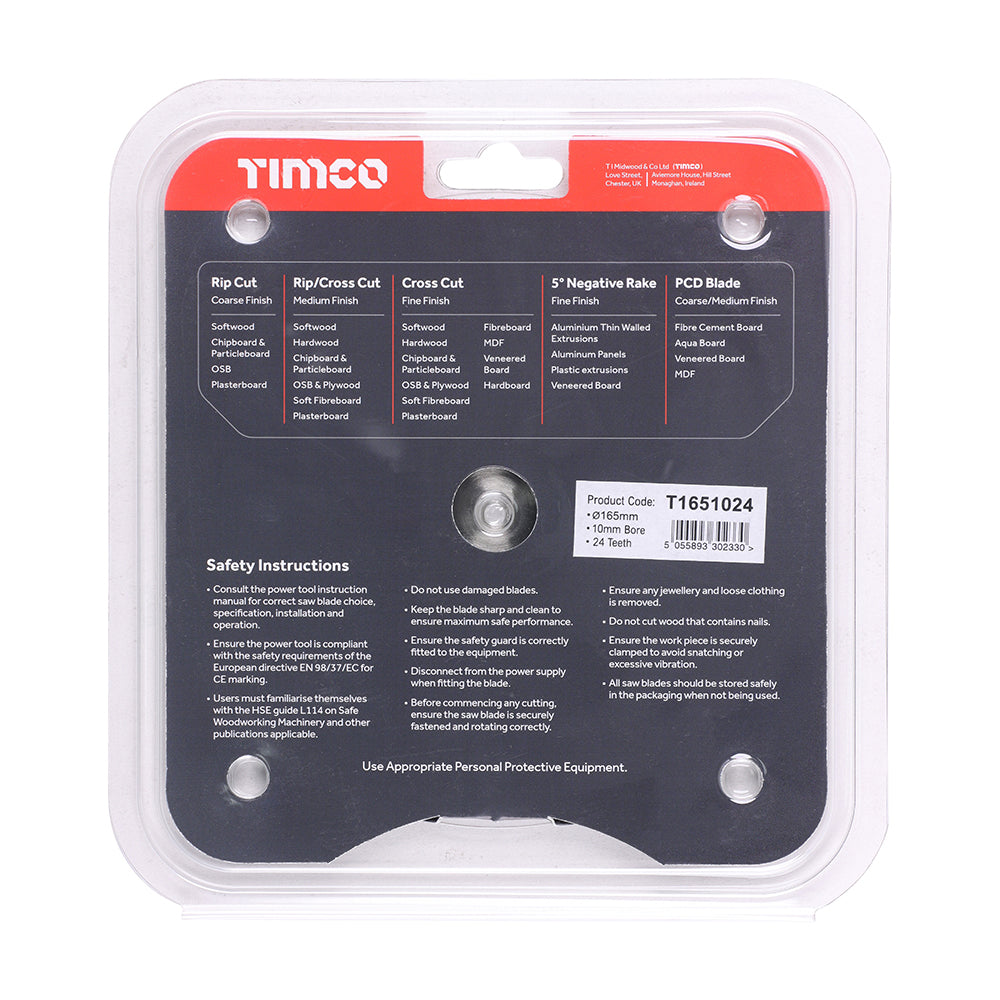 This is an image of Timco - Handheld Cordless Circular Saw Blade 165 x 10 x 24T (1 Each Clamshell) T1651024