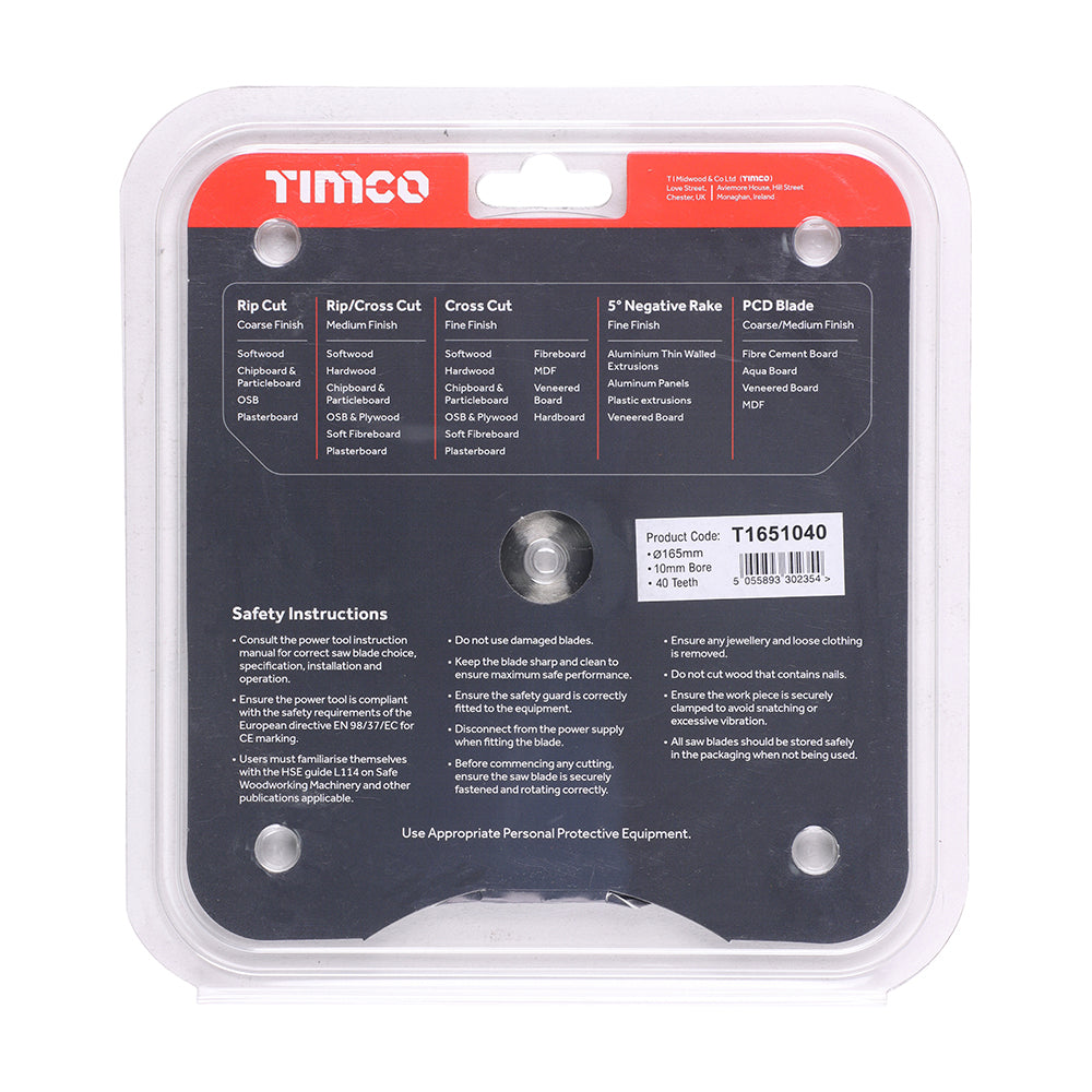 This is an image of Timco - Handheld Cordless Circular Saw Blade 165 x 10 x 40T (1 Each Clamshell) T1651040