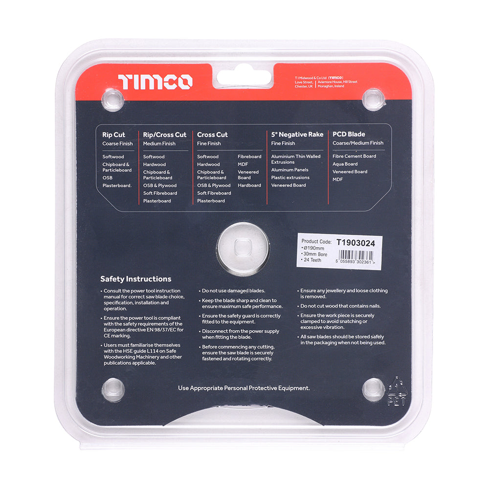 This is an image of Timco - Handheld Cordless Circular Saw Blade 190 x 30 x 24T (1 Each Clamshell) T1903024