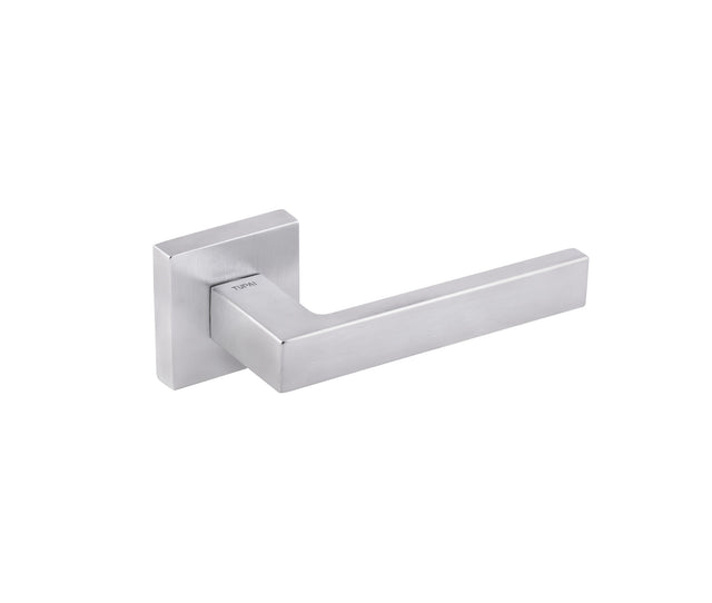 Quality image of Tupai Rapido QuadraLine Rillo Lever Door Handle on Square Rose - Satin Chrome | Sku. t2275ssc | available from Trade Door Handles.