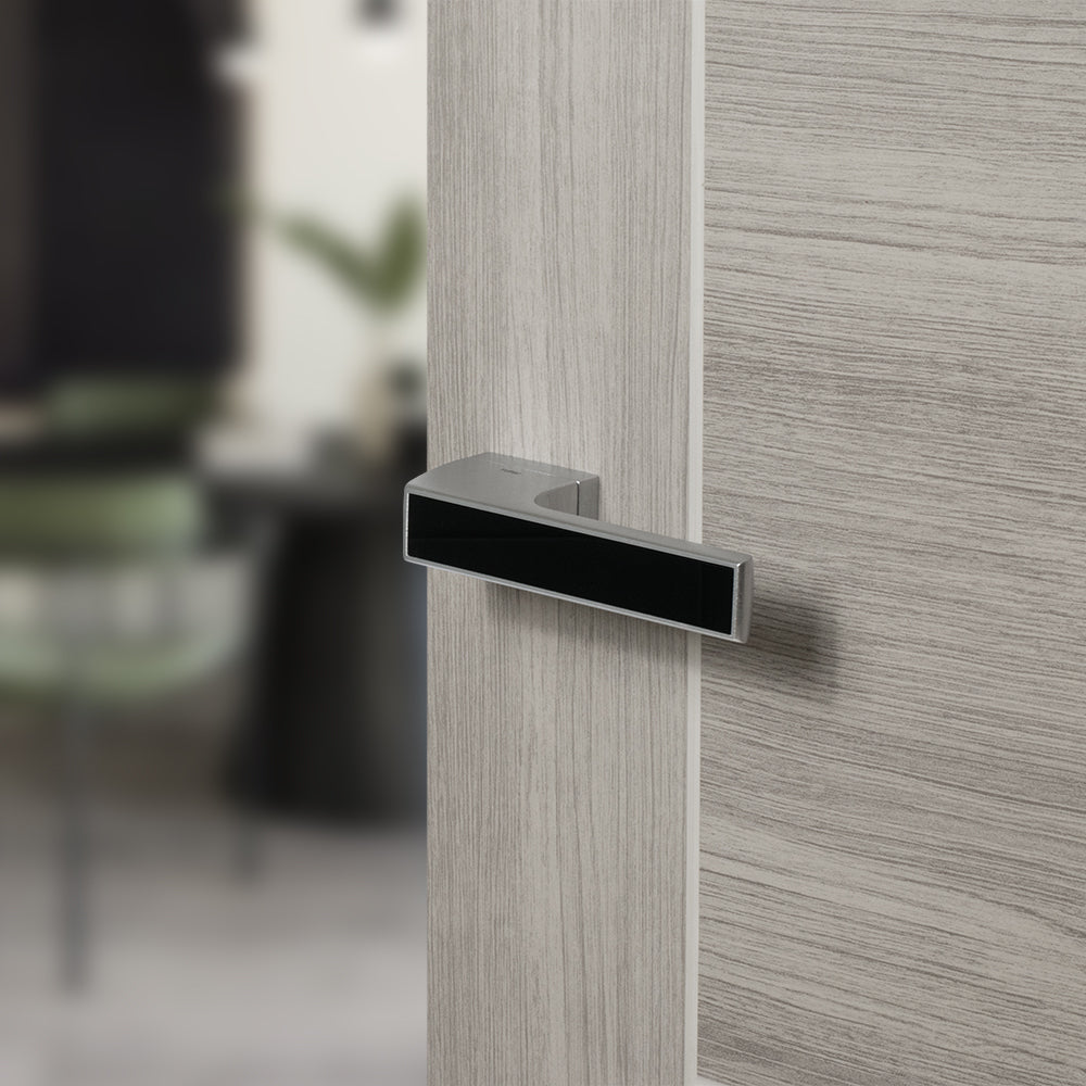Quality image of Tupai Rapido VersaLine Tobar Lever Door Handle on Long Rose - Pearl Black Decorative Plate - Satin Chrome | Sku. t3089lmbsc | available from Trade Door Handles.