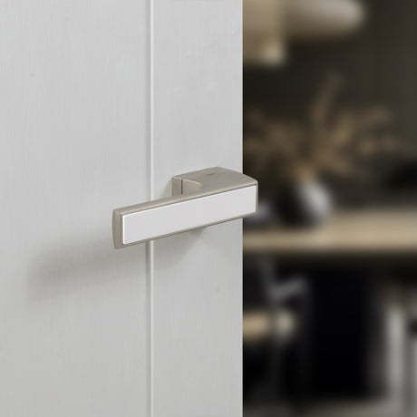 Quality image of Tupai Rapido VersaLine Tobar Lever Door Handle on Long Rose - White Decorative Plate - Pearl Nickel | Sku. t3089lwhpl | available from Trade Door Handles.