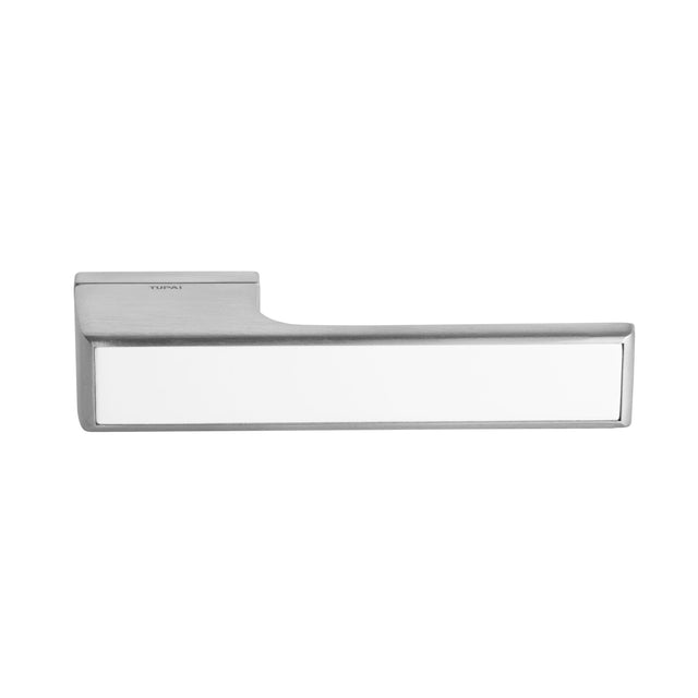 Quality image of Tupai Rapido VersaLine Tobar Lever Door Handle on Long Rose - White Decorative Plate - Satin Chrome | Sku. t3089lwhsc | available from Trade Door Handles.