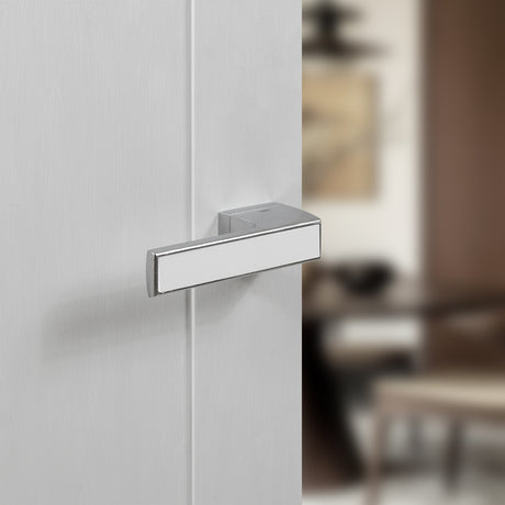Quality image of Tupai Rapido VersaLine Tobar Lever Door Handle on Long Rose - White Decorative Plate - Satin Chrome | Sku. t3089lwhsc | available from Trade Door Handles.