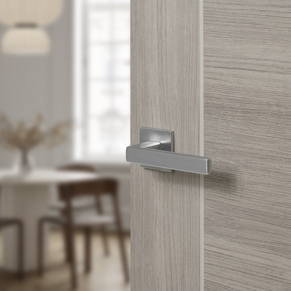 Quality image of Tupai Rapido 5S Line Portel Lever Door Handle on 5mm Slimline Square Rose - Satin Chrome | Sku. t3095s5ssc | available from Trade Door Handles.