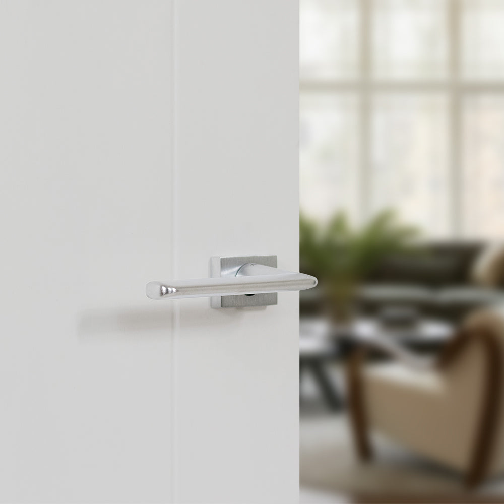 Quality image of Tupai Rapido RetaLine Tavira Lever Door Handle on Long Rose - (Without Decorative Plate) - Satin Chrome | Sku. t3098lsc | available from Trade Door Handles.