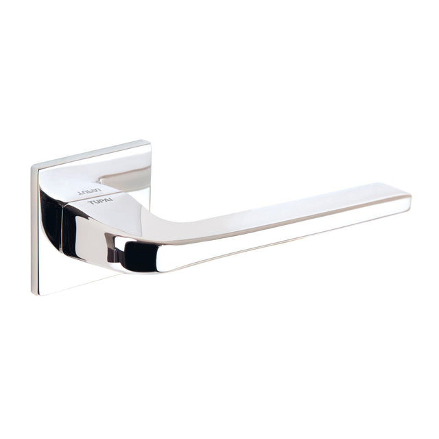 Quality image of Tupai Rapido 5S Line Canha Lever Door Handle on 5mm Slimline Square Rose - Bright Polished Chrome | Sku. t4007s5spc | available from Trade Door Handles.
