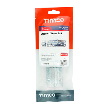 This is an image of Timco - Straight Tower Bolt - Hot Dipped Galvanised 3" (1 Each TIMpac) TBS3GP