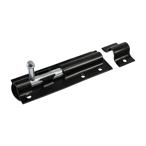 This is an image of Timco - Straight Tower Bolt - Black 6" (1 Each Plain Bag) TBS6BB