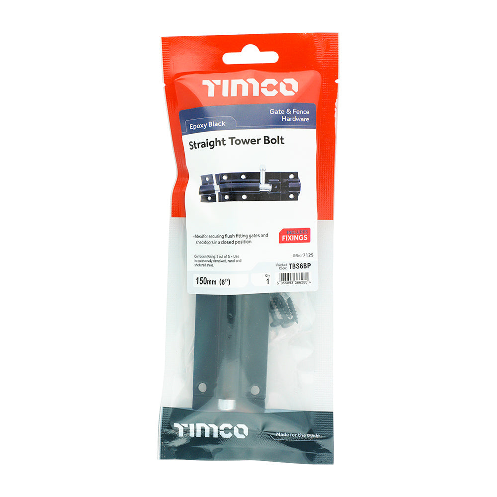 This is an image of Timco - Straight Tower Bolt - Black 6" (1 Each TIMpac) TBS6BP
