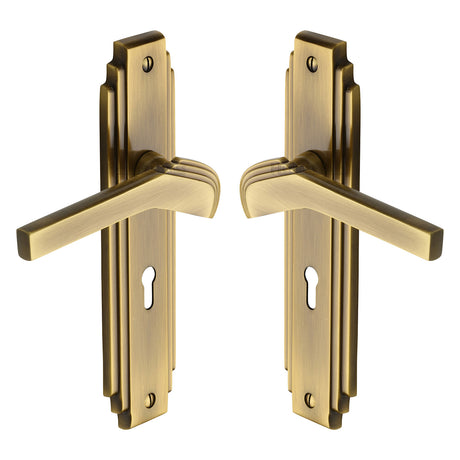 High quality image of the Heritage Brass Door Handle Lever Lock Tiffany Design Antique Finish | Sku. tif5200-at | Discounted prices available from Trade Door Handles