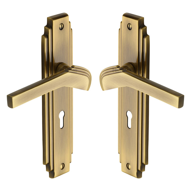 High quality image of the Heritage Brass Door Handle Lever Lock Tiffany Design Antique Finish | Sku. tif5200-at | Discounted prices available from Trade Door Handles