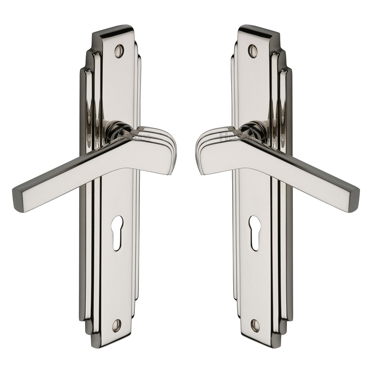 High quality image of the Heritage Brass Door Handle Lever Lock Tiffany Design Polished Nickel Finish | Sku. tif5200-pnf | Discounted prices available from Trade Door Handles