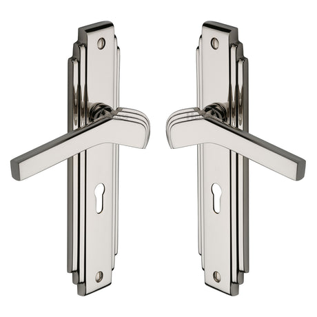 High quality image of the Heritage Brass Door Handle Lever Lock Tiffany Design Polished Nickel Finish | Sku. tif5200-pnf | Discounted prices available from Trade Door Handles