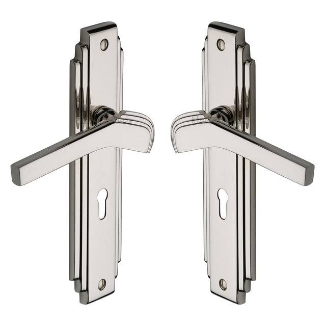 High quality image of the Heritage Brass Door Handle Lever Lock Tiffany Design Polished Nickel Finish | Sku. tif5200-pnf | Discounted prices available from Trade Door Handles