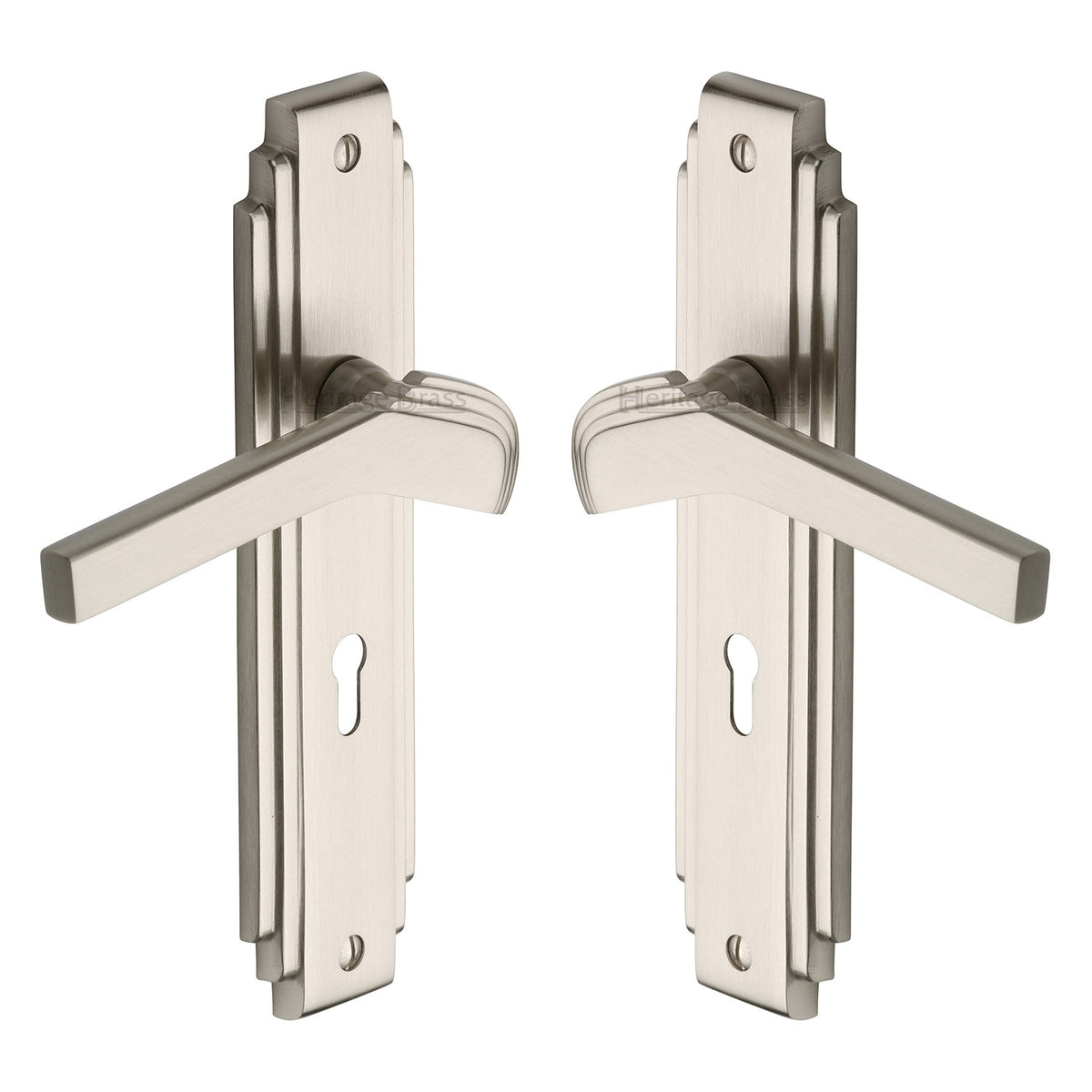 High quality image of the Heritage Brass Door Handle Lever Lock Tiffany Design Satin Nickel Finish | Sku. tif5200-sn | Discounted prices available from Trade Door Handles