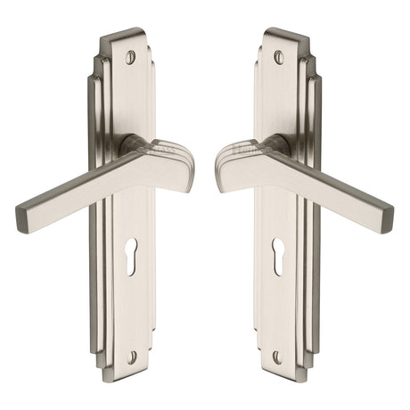 High quality image of the Heritage Brass Door Handle Lever Lock Tiffany Design Satin Nickel Finish | Sku. tif5200-sn | Discounted prices available from Trade Door Handles