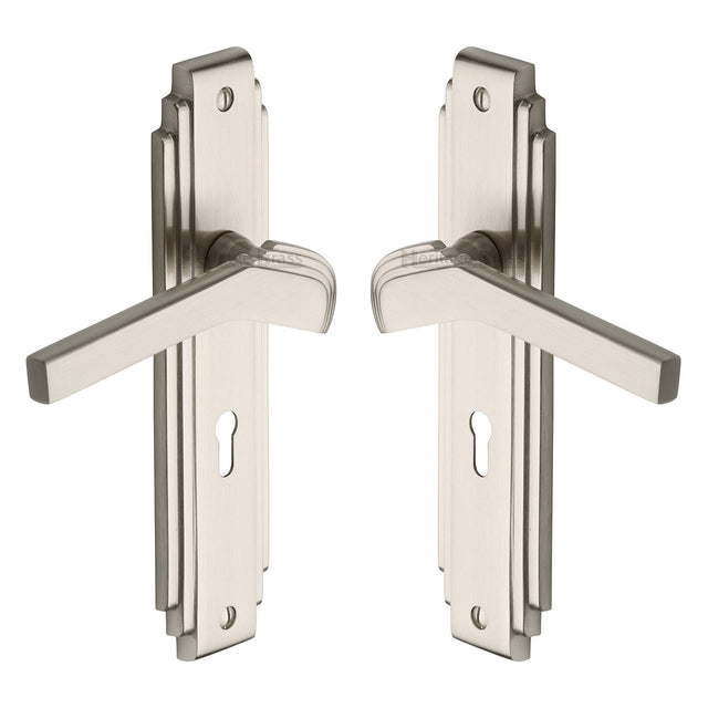 High quality image of the Heritage Brass Door Handle Lever Lock Tiffany Design Satin Nickel Finish | Sku. tif5200-sn | Discounted prices available from Trade Door Handles