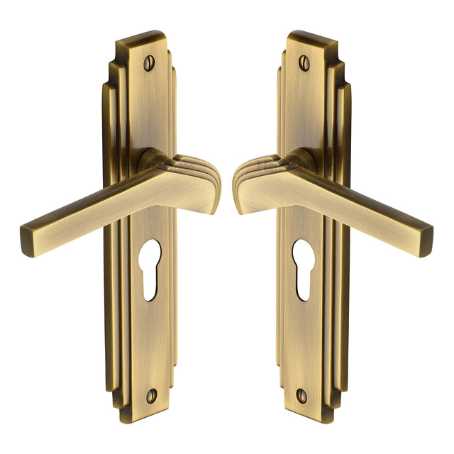High quality image of the Heritage Brass Door Handle Euro Profile Plate Tiffany Design Antique Finish
 | Sku. tif5248-at | Discounted prices available from Trade Door Handles