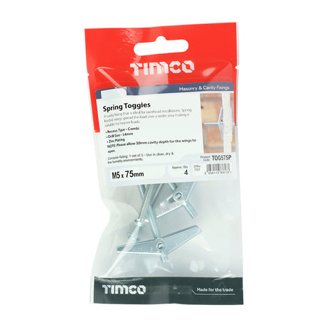 This is an image of Timco - Spring Toggles - Zinc M5 x 75mm - (4 PCS TIMpac) TOG575P
