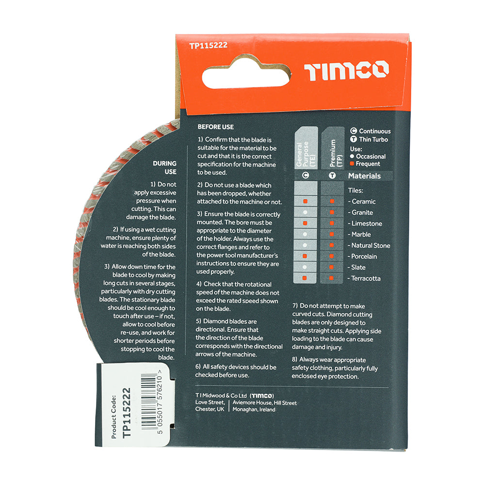 This is an image of Timco - Premium Tile & Ceramic Diamond Blade - Thin Turbo 115 x 22.2 (1 Each Box) TP115222