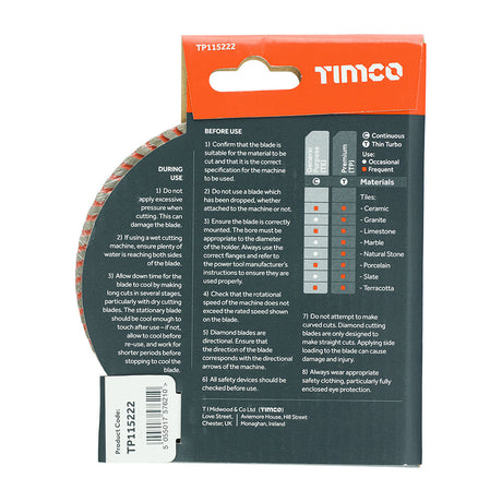 This is an image of Timco - Premium Tile & Ceramic Diamond Blade - Thin Turbo 115 x 22.2 (1 Each Box) TP115222