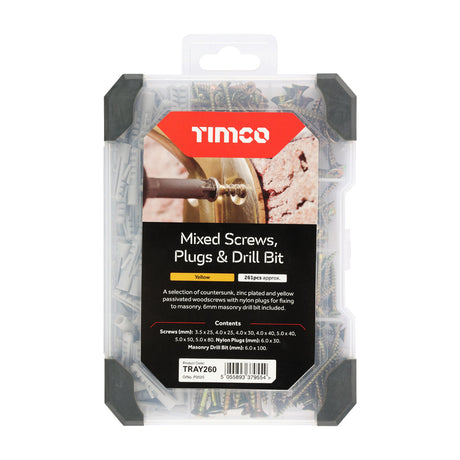 This is an image of Timco - Mixed Tray - Screws Plug & Drill Bit - Yellow - (251 PCS Tray) TRAY260