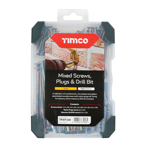 This is an image of Timco - Mixed Tray - Screws Plug & Drill Bit - Yellow - (91 PCS Tray) TRAY320