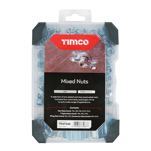 This is an image of Timco - Mixed Tray - Nuts - Zinc - (243 PCS Tray) TRAY540