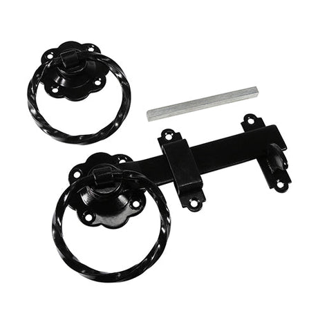 This is an image of Timco - Ring Gate Latch - Twisted - Black 6" (1 Each Plain Bag) TRGL6BB