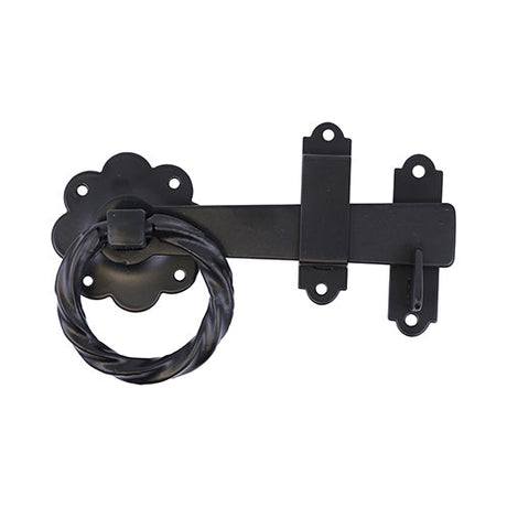 This is an image of Timco - Ring Gate Latch - Twisted - Black 6" (1 Each TIMbag) TRGL6BP