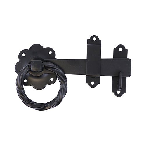 This is an image of Timco - Ring Gate Latch - Twisted - Black 6" (1 Each TIMbag) TRGL6BP
