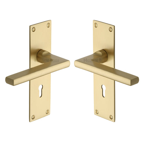High quality image of the Heritage Brass Door Handle Lever Lock Trident Design Satin Brass Finish
 | Sku. tri1300-sb | Discounted prices available from Trade Door Handles