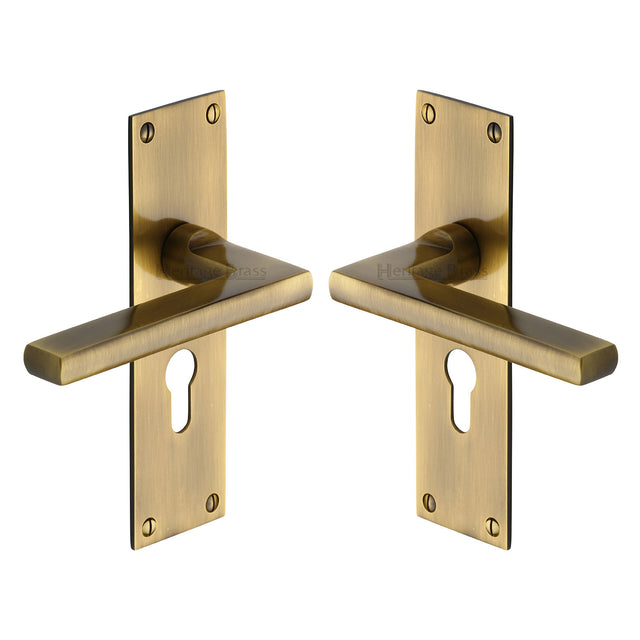 High quality image of the Heritage Brass Door Handle Euro Profile Plate Trident Design Antique Finish
 | Sku. tri1348-at | Discounted prices available from Trade Door Handles