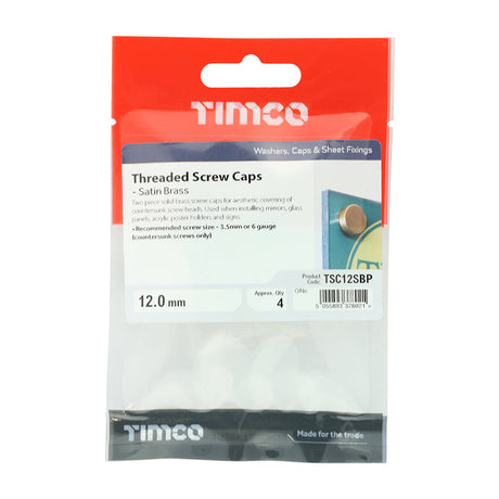 This is an image of Timco - Threaded Screw Caps - Solid Brass - Satin 12mm - (4 PCS TIMpac) TSC12SBP