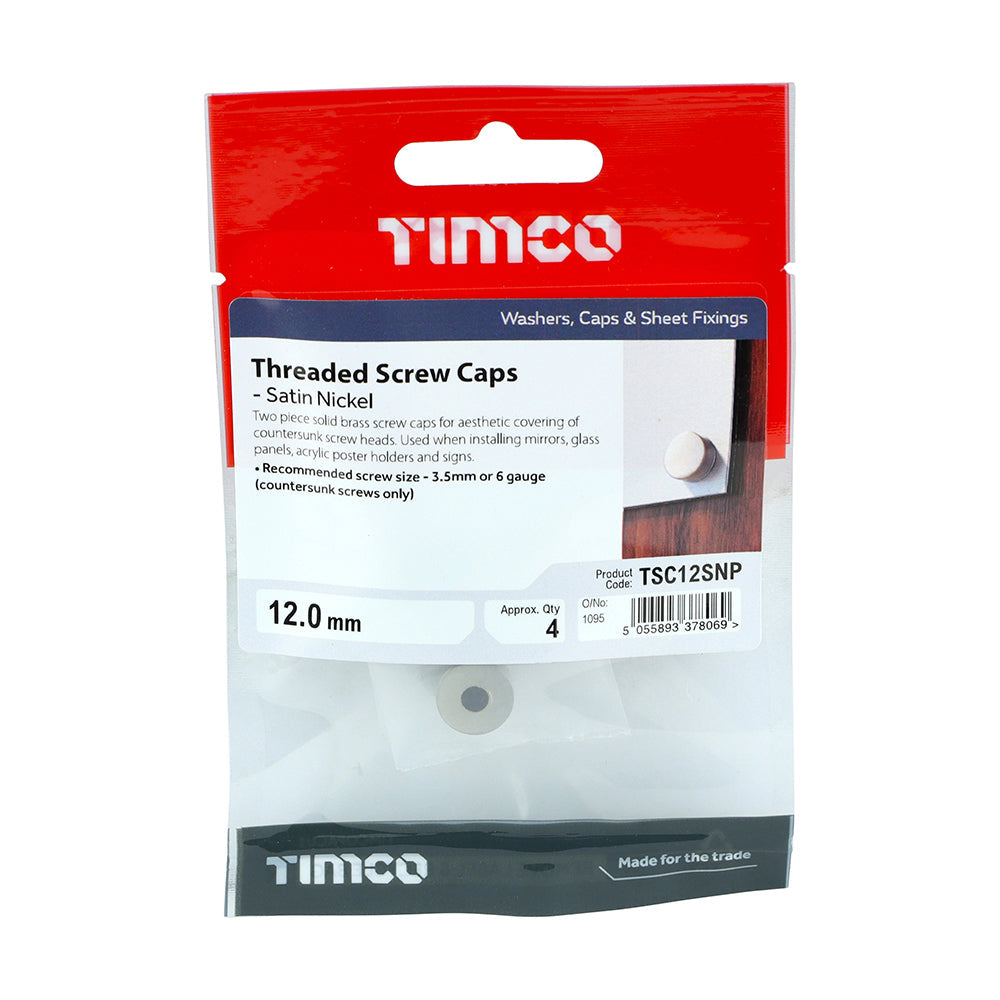 This is an image of Timco - Threaded Screw Caps - Solid Brass - Satin Nickel 12mm - (4 PCS TIMpac) TSC12SNP
