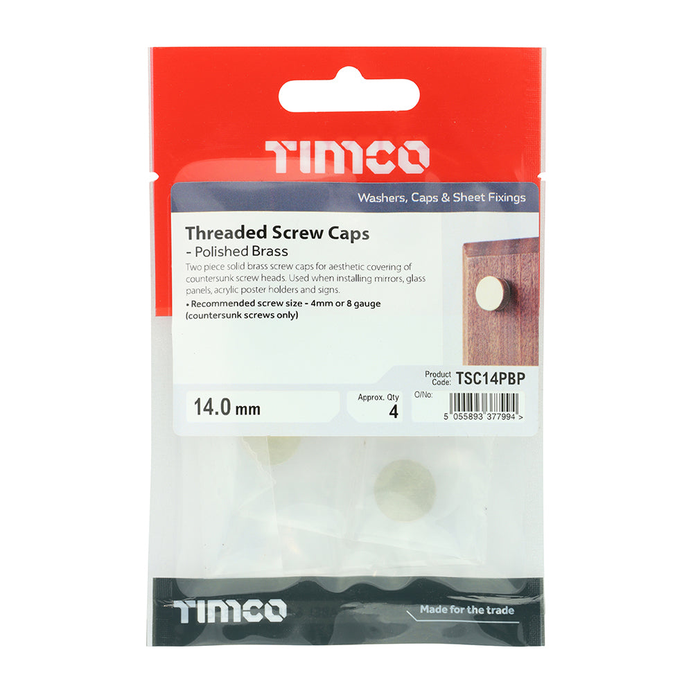 This is an image of Timco - Threaded Screw Caps - Solid Brass - Polished Brass 14mm - (4 PCS TIMpac) TSC14PBP