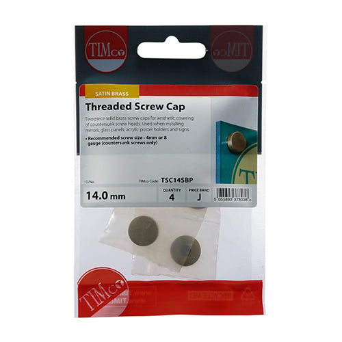 This is an image of Timco - Threaded Screw Caps - Solid Brass - Satin 14mm - (4 PCS TIMpac) TSC14SBP