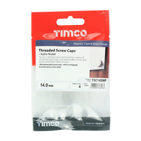 This is an image of Timco - Threaded Screw Caps - Solid Brass - Satin Nickel 14mm - (4 PCS TIMpac) TSC14SNP