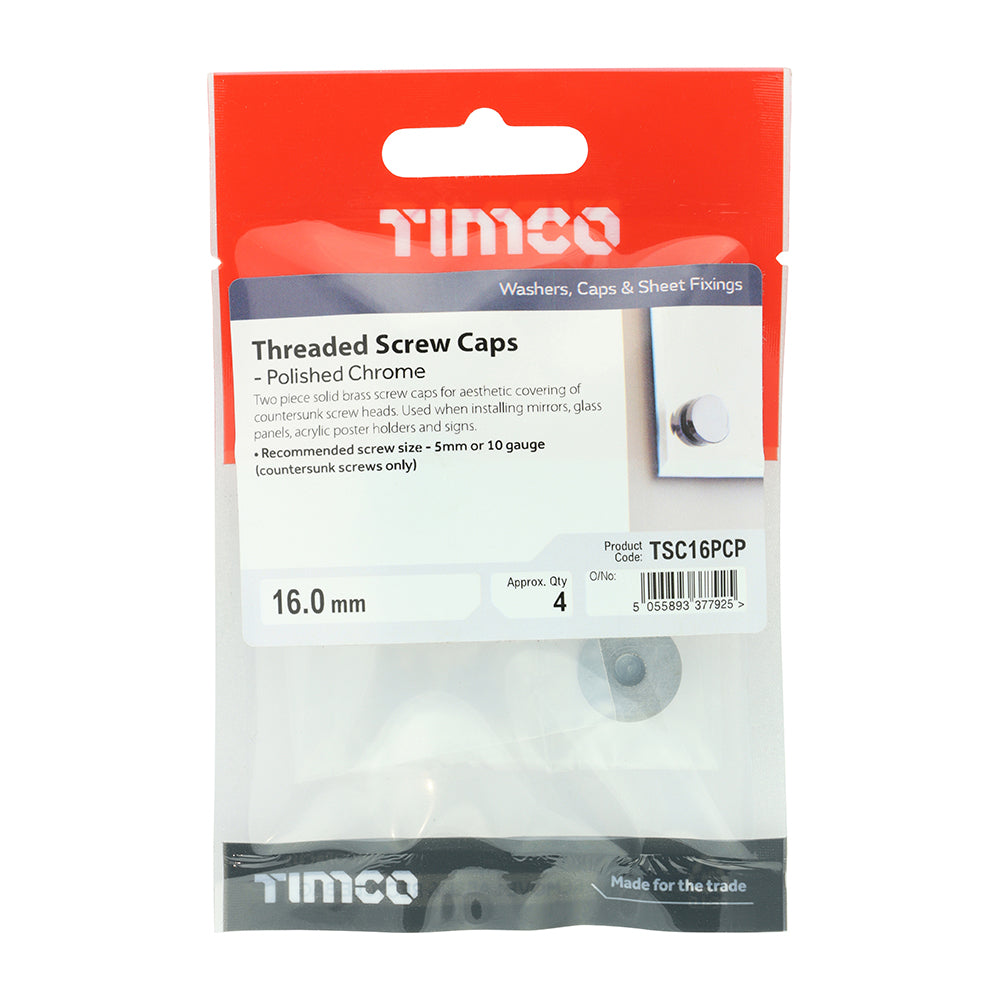 This is an image of Timco - Threaded Screw Caps - Solid Brass - Polished Chrome 16mm - (4 PCS TIMpac) TSC16PCP