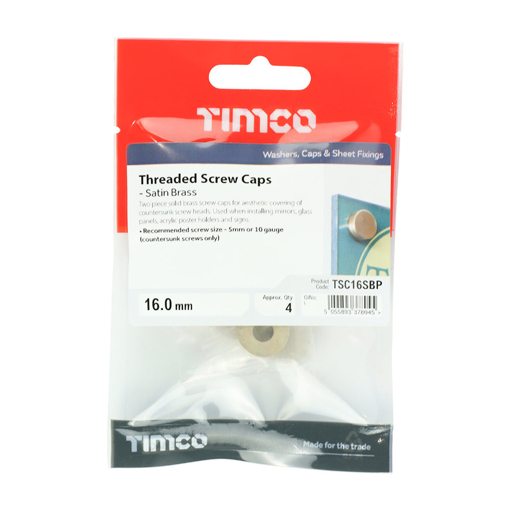 This is an image of Timco - Threaded Screw Caps - Solid Brass - Satin 16mm - (4 PCS TIMpac) TSC16SBP