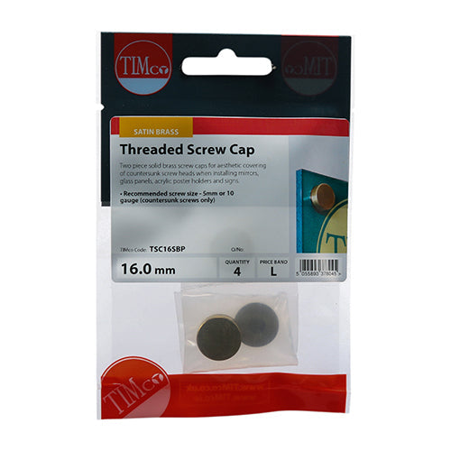 This is an image of Timco - Threaded Screw Caps - Solid Brass - Satin 16mm - (4 PCS TIMpac) TSC16SBP