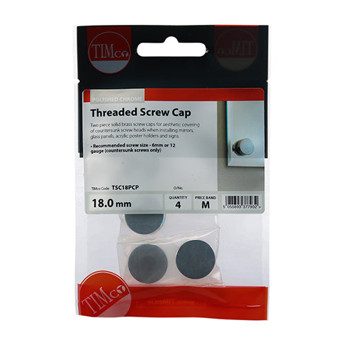 This is an image of Timco - Threaded Screw Caps - Solid Brass - Polished Chrome 18mm - (4 PCS TIMpac) TSC18PCP